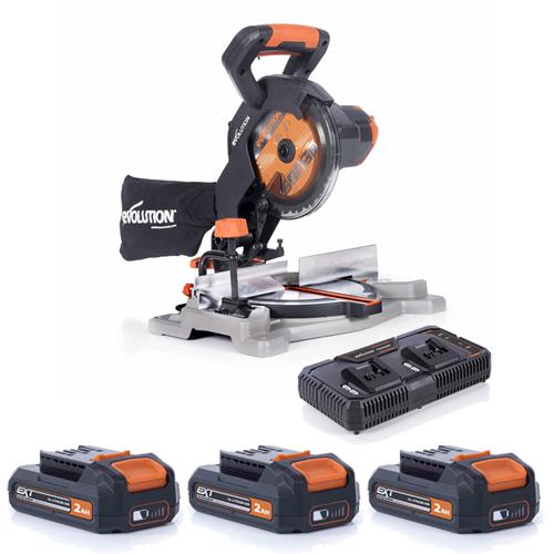 Pokosová AKU stolní pila EVOLUTION R185CMS-Li s 3x 2Ah bateriemi a 2-portovou nabíječkou ZDARMA